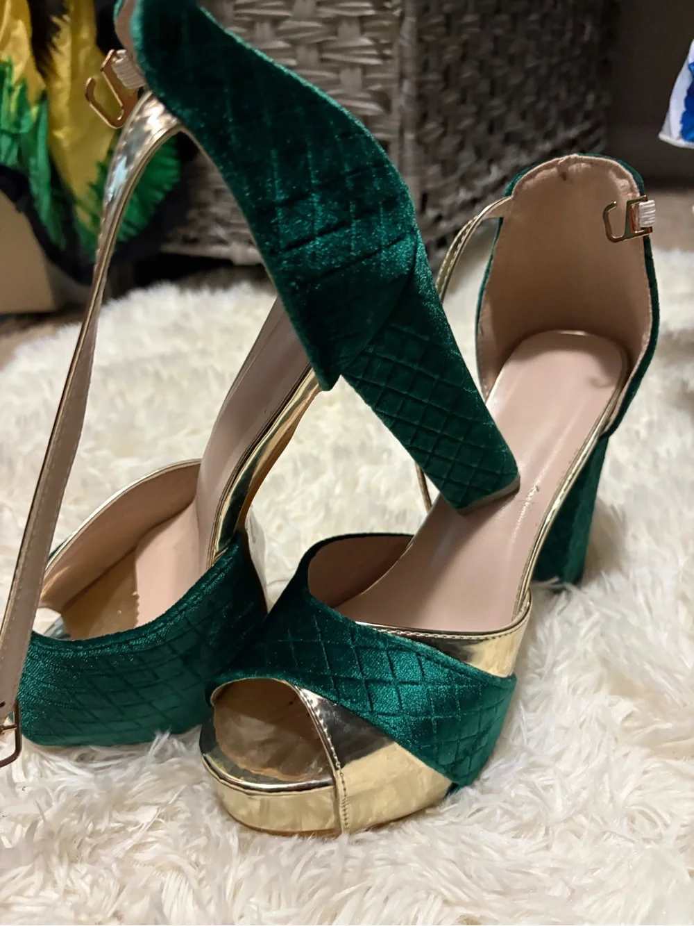 Emerald Green Velvet & Gold Platform Heels - Women